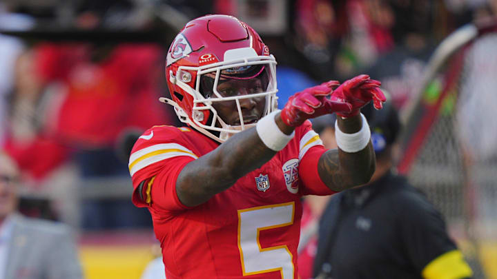 Nov 23, 2025; Kansas City, Missouri, USA; Kansas City Chiefs wide receiver Hollywood Brown (5) reacts after a catch against the Indianapolis Colts in the second half at GEHA Field at Arrowhead Stadium. Mandatory Credit: Jay Biggerstaff-Imagn Images