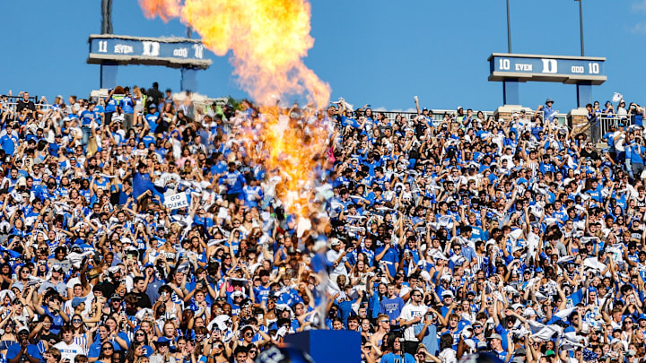 Sep 28, 2024; Durham, North Carolina, USA;  Duke Blue Devils fans as the team runs out before the first half of the game against North Carolina Tar Heels at Wallace Wade Stadium. Mandatory Credit: Jaylynn Nash-Imagn Images