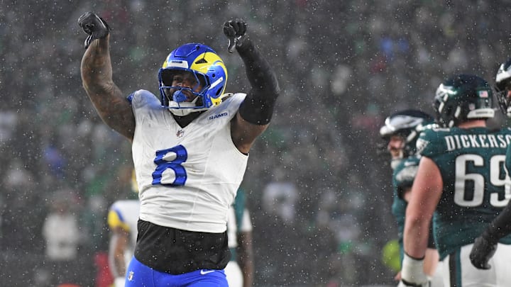 Jan 19, 2025; Philadelphia, Pennsylvania, USA; Los Angeles Rams linebacker Jared Verse (8) reacts after a play against the Philadelphia Eagles in a 2025 NFC divisional round game at Lincoln Financial Field. Mandatory Credit: Eric Hartline-Imagn Images Jan 19, 2025; Philadelphia, Pennsylvania, USA; Los Angeles Rams linebacker Jared Verse (8) reacts after a play against the Philadelphia Eagles in a 2025 NFC divisional round game at Lincoln Financial Field. Mandatory Credit: Eric Hartline-Imagn Images