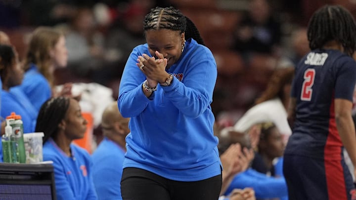 Mar 7, 2025; Greenville, SC, USA; Ole Miss Rebels head coach Yolett McPhee-McCuin reacts to closing the scoring gap against Texas Longhorns during the second half at Bon Secours Wellness Arena. Mandatory Credit: Jim Dedmon-Imagn Images Mar 7, 2025; Greenville, SC, USA; Ole Miss Rebels head coach Yolett McPhee-McCuin reacts to closing the scoring gap against Texas Longhorns during the second half at Bon Secours Wellness Arena. Mandatory Credit: Jim Dedmon-Imagn Images