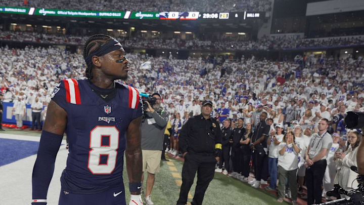 Stefon Diggs, a former Bills player, looks around at the crowd as the crowd has a mixed reaction to his return with another team before the Bills home game against the New England Patriots at Highmark Stadium in Orchard Park on Oct. 5, 2025.