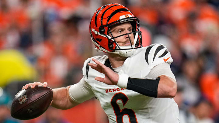 Cincinnati Bengals quarterback Jake Browning (6) throws from the pocket in the second quarter of the NFL Week 4 Monday Night Football game between the Denver Broncos and the Cincinnati Bengals at Empower Field at Mile High in Denver on Monday, Sept. 29, 2025.