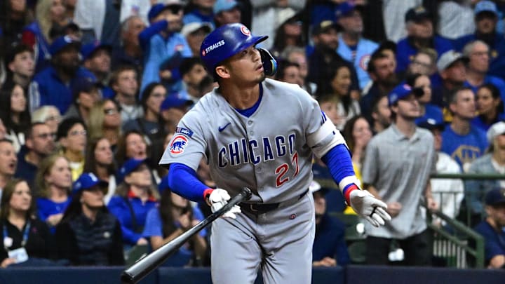 Oct 11, 2025; Milwaukee, Wisconsin, USA; Chicago Cubs right fielder Seiya Suzuki (27) hits a solo home run against the Milwaukee Brewers in the second inning during game five of the NLDS round for the 2025 MLB playoffs at American Family Field. Mandatory Credit: Benny Sieu-Imagn Images Oct 11, 2025; Milwaukee, Wisconsin, USA; Chicago Cubs right fielder Seiya Suzuki (27) hits a solo home run against the Milwaukee Brewers in the second inning during game five of the NLDS round for the 2025 MLB playoffs at American Family Field. Mandatory Credit: Benny Sieu-Imagn Images
