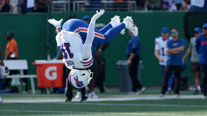 Sep 14, 2025; East Rutherford, New Jersey, USA; Buffalo Bills wide receiver Elijah Moore (18) reacts by doing a flip against the New York Jets during the second half at MetLife Stadium Sep 14, 2025; East Rutherford, New Jersey, USA; Buffalo Bills wide receiver Elijah Moore (18) reacts by doing a flip against the New York Jets during the second half at MetLife Stadium