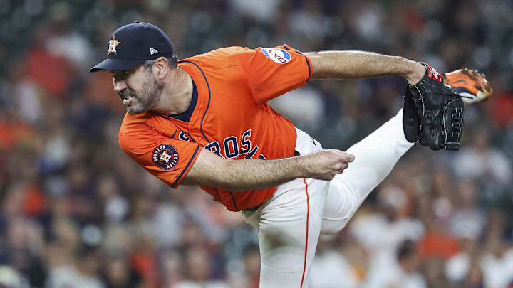 Sep 20, 2024; Houston, Texas, USA; Houston Astros starting pitcher Justin Verlander (35) delivers a pitch during the first inning against the Los Angeles Angels at Minute Maid Park. 