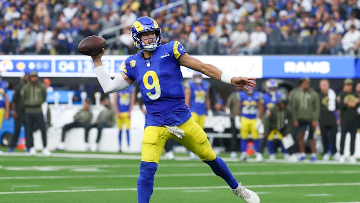 Nov 2, 2025; Inglewood, California, USA; Los Angeles Rams quarterback Matthew Stafford (9) throws a pass against the New Orleans Saints during the second half at SoFi Stadium. Mandatory Credit: Kiyoshi Mio-Imagn Images