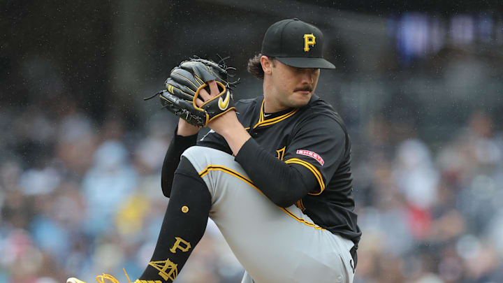 Sep 28, 2024; Bronx, New York, USA; Pittsburgh Pirates starting pitcher Paul Skenes (30) pitches against the New York Yankees during the first inning at Yankee Stadium. Mandatory Credit: Brad Penner-Imagn Images