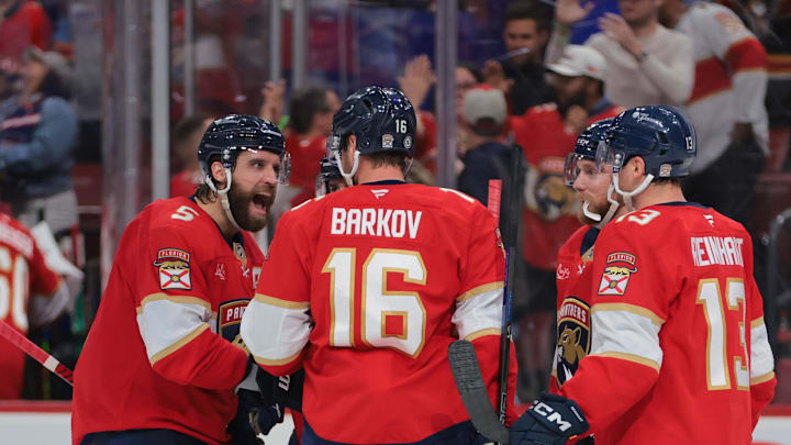Mar 3, 2025; Sunrise, Florida, USA; Florida Panthers center Aleksander Barkov (16) celebrates with defenseman Aaron Ekblad (5) after scoring against the Tampa Bay Lightning during the second period at Amerant Bank Arena. Mandatory Credit: Sam Navarro-Imagn Images