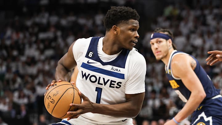 Apr 23, 2023; Minneapolis, Minnesota, USA; Minnesota Timberwolves guard Anthony Edwards (1) controls