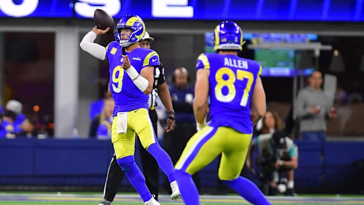 Nov 11, 2024; Inglewood, California, USA; Los Angeles Rams quarterback Matthew Stafford (9) throws against the Miami Dolphins during the second half at SoFi Stadium. Mandatory Credit: Gary A. Vasquez-Imagn Images