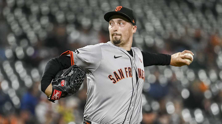 Sep 17, 2024; Baltimore, Maryland, USA;  San Francisco Giants pitcher Blake Snell (7) throws a second inning pitch against the Baltimore Orioles at Oriole Park at Camden Yards. Mandatory Credit: Tommy Gilligan-Imagn Images
