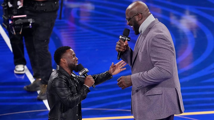 Feb 16, 2025; San Francisco, CA, USA; Shaqís OGs general manager Shaquille OíNeal talks with Kevin Hart during the 2025 NBA All Star Game at Chase Center. Mandatory Credit: Cary Edmondson-Imagn Images Feb 16, 2025; San Francisco, CA, USA; Shaqís OGs general manager Shaquille OíNeal talks with Kevin Hart during the 2025 NBA All Star Game at Chase Center. Mandatory Credit: Cary Edmondson-Imagn Images