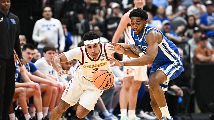 Mar 22, 2026; St. Louis, MO, USA; Iowa State Cyclones guard Tamin Lipsey (3) and Kentucky Wildcats forward Mouhamed Dioubate (23) chase a loose ball during the first half during a second round game of the men's 2026 NCAA Tournament at Enterprise Center. Mandatory Credit: Jeff Le-Imagn Images Mar 22, 2026; St. Louis, MO, USA; Iowa State Cyclones guard Tamin Lipsey (3) and Kentucky Wildcats forward Mouhamed Dioubate (23) chase a loose ball during the first half during a second round game of the men's 2026 NCAA Tournament at Enterprise Center. Mandatory Credit: Jeff Le-Imagn Images
