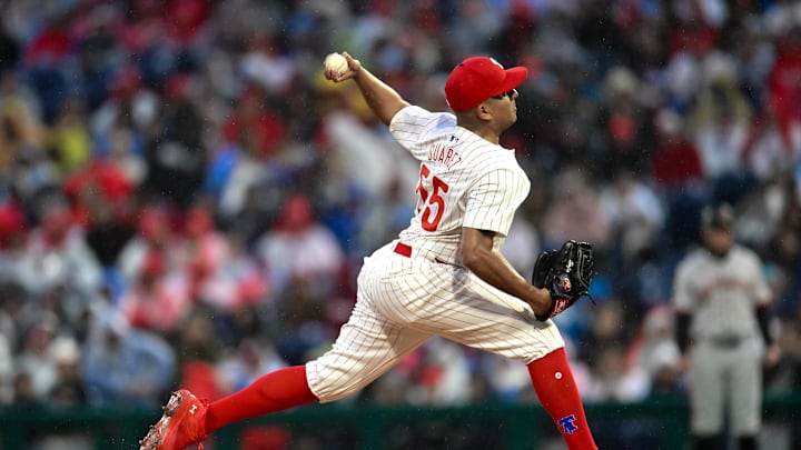 May 4, 2024; Philadelphia, Pennsylvania, USA; Philadelphia Phillies pitcher Ranger Suarez (55)
