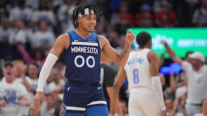 May 24, 2025; Minneapolis, Minnesota, USA; Minnesota Timberwolves guard Terrence Shannon Jr. (00) reacts against the Oklahoma City Thunder during the first half in game three of the western conference finals for the 2025 NBA Playoffs at Target Center. Mandatory Credit: Brad Rempel-Imagn Images