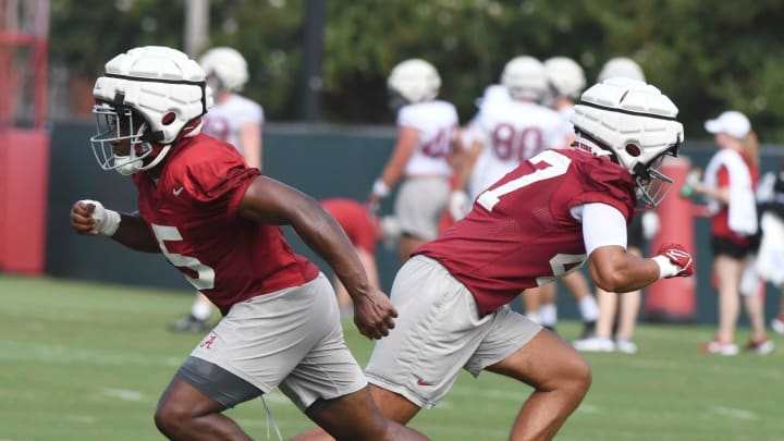 The Crimson Tide football team continued practice Thursday, Aug. 1, 2024, as they prepare for the season opener and the first game under new head coach Kalen DeBoer. Alabama defensive back King Mack (5) and Alabama defensive back Kolby Peavy (47) sprint away from each other in a drill. The Crimson Tide football team continued practice Thursday, Aug. 1, 2024, as they prepare for the season opener and the first game under new head coach Kalen DeBoer. Alabama defensive back King Mack (5) and Alabama defensive back Kolby Peavy (47) sprint away from each other in a drill.