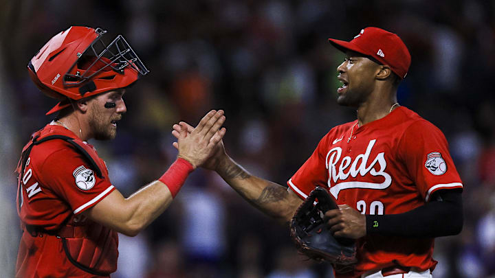 Jul 30, 2025; Cincinnati, Ohio, USA; Cincinnati Reds catcher Tyler Stephenson (37) high fives outfielder Will Benson (30) after the victory over the Los Angeles Dodgers at Great American Ball Park. Mandatory Credit: Katie Stratman-Imagn Images Jul 30, 2025; Cincinnati, Ohio, USA; Cincinnati Reds catcher Tyler Stephenson (37) high fives outfielder Will Benson (30) after the victory over the Los Angeles Dodgers at Great American Ball Park. Mandatory Credit: Katie Stratman-Imagn Images