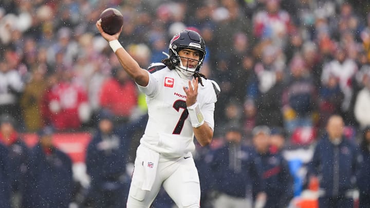 Jan 18, 2026; Foxborough, MA, USA; Houston Texans quarterback C.J. Stroud (7) throws in the first quarter against the New England Patriots in an AFC Divisional Round game at Gillette Stadium. Mandatory Credit: Brian Fluharty-Imagn Images