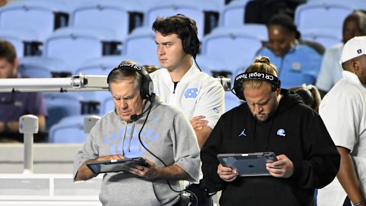 Sep 1, 2025; Chapel Hill, North Carolina, USA; North Carolina Tar Heels head coach Bill Belichick on the sidelines in the fourth quarter at Kenan Stadium. Mandatory Credit: Bob Donnan-Imagn Images
