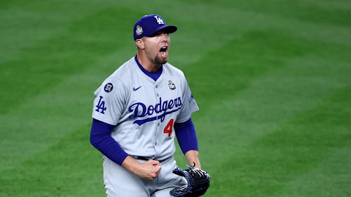 Oct 30, 2024; New York, New York, USA; Los Angeles Dodgers pitcher Blake Treinen (49) celebrates after the end of the eighth inning against the New York Yankees in game five of the 2024 MLB World Series at Yankee Stadium. Mandatory Credit: Wendell Cruz-Imagn Images