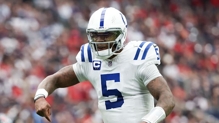 Indianapolis Colts quarterback Anthony Richardson (5) reacts after throwing a touchdown pass against the Houston Texans in the second half at NRG Stadium. The touchdown was called back. Indianapolis Colts quarterback Anthony Richardson (5) reacts after throwing a touchdown pass against the Houston Texans in the second half at NRG Stadium. The touchdown was called back.