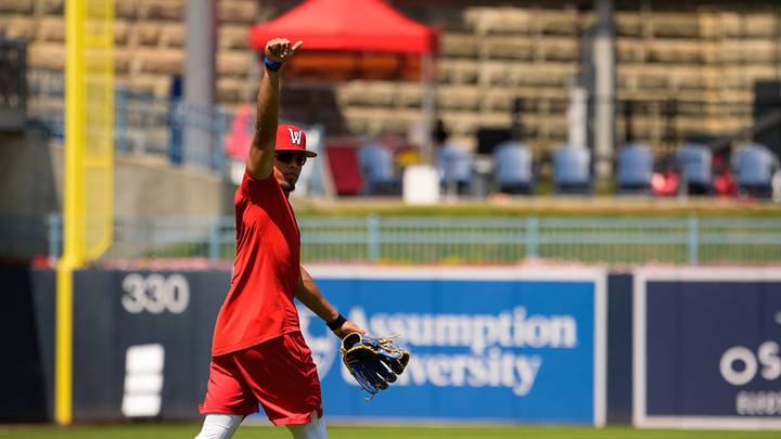 Red Sox No. 1 prospect Franklin Arias gives a thumbs up while he warms up ahead of his first game with Triple-A Worcester at Polar Park on July 25, 2026.