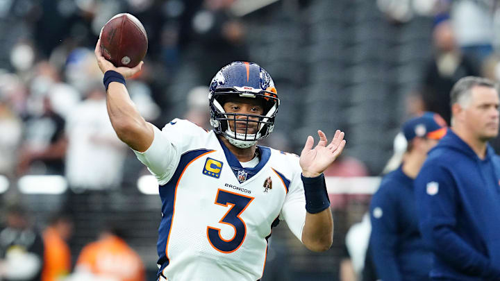 Jan 7, 2024; Paradise, Nevada, USA; Denver Broncos quarterback Russell Wilson (3) warms up before a