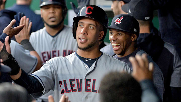Sep 29, 2018; Kansas City, MO, USA; Cleveland Indians left fielder Michael Brantley (23) celebrates in the dugout after scoring in the first inning against the Kansas City Royals at Kauffman Stadium. Sep 29, 2018; Kansas City, MO, USA; Cleveland Indians left fielder Michael Brantley (23) celebrates in the dugout after scoring in the first inning against the Kansas City Royals at Kauffman Stadium.