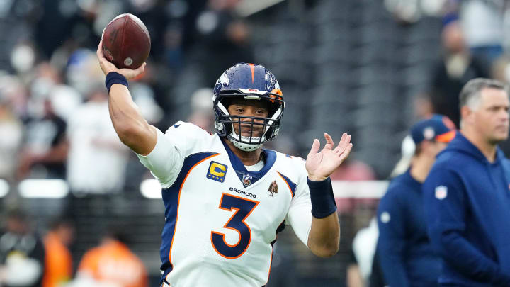 Jan 7, 2024; Paradise, Nevada, USA; Denver Broncos quarterback Russell Wilson (3) warms up before a game against the Las Vegas Raiders at Allegiant Stadium. Mandatory Credit: Stephen R. Sylvanie-USA TODAY Sports Jan 7, 2024; Paradise, Nevada, USA; Denver Broncos quarterback Russell Wilson (3) warms up before a game against the Las Vegas Raiders at Allegiant Stadium. Mandatory Credit: Stephen R. Sylvanie-USA TODAY Sports