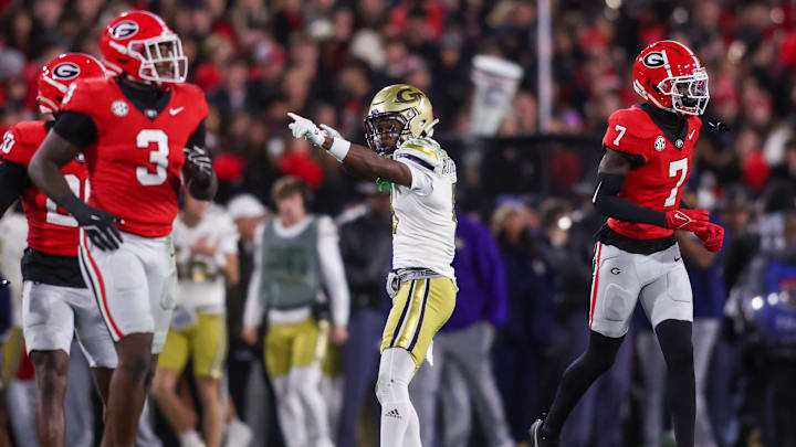 Nov 29, 2024; Athens, Georgia, USA; Georgia Tech Yellow Jackets wide receiver Malik Rutherford (8) reacts after a first down against the Georgia Bulldogs in the first quarter at Sanford Stadium. Mandatory Credit: Brett Davis-Imagn Images Nov 29, 2024; Athens, Georgia, USA; Georgia Tech Yellow Jackets wide receiver Malik Rutherford (8) reacts after a first down against the Georgia Bulldogs in the first quarter at Sanford Stadium. Mandatory Credit: Brett Davis-Imagn Images
