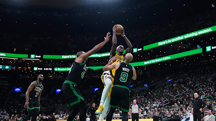 Dec 27, 2024; Boston, Massachusetts, USA; Indiana Pacers forward Pascal Siakam (43) drives the ball to the basket against Boston Celtics guard Derrick White (9) in the second half at TD Garden. Mandatory Credit: David Butler II-Imagn Images Dec 27, 2024; Boston, Massachusetts, USA; Indiana Pacers forward Pascal Siakam (43) drives the ball to the basket against Boston Celtics guard Derrick White (9) in the second half at TD Garden. Mandatory Credit: David Butler II-Imagn Images