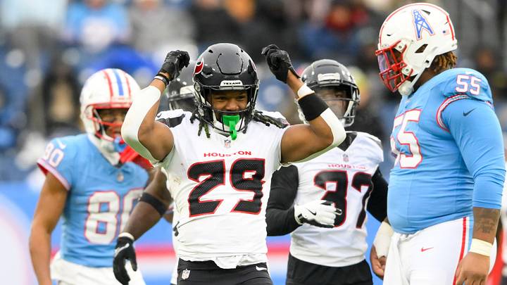 Jan 5, 2025; Nashville, Tennessee, USA; Houston Texans safety M.J. Stewart (29) celebrates the tackle for loss on Tennessee Titans running back Tony Pollard (20) during the second half at Nissan Stadium. Mandatory Credit: Steve Roberts-Imagn Images Jan 5, 2025; Nashville, Tennessee, USA; Houston Texans safety M.J. Stewart (29) celebrates the tackle for loss on Tennessee Titans running back Tony Pollard (20) during the second half at Nissan Stadium. Mandatory Credit: Steve Roberts-Imagn Images