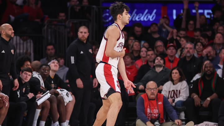 Dec 13, 2025; Queens, New York, USA;  St. John's Red Storm guard Lefteris Liotopoulos (31) reacts after making a three point shot in the first half against the Iona Gaels at Madison Square Garden. Mandatory Credit: Wendell Cruz-Imagn Images