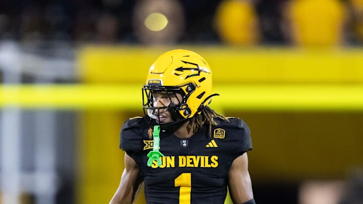 Oct 25, 2025; Tempe, Arizona, USA; Arizona State Sun Devils defensive back Keith Abney II (1) against the Houston Cougars at Mountain America Stadium. Mandatory Credit: Mark J. Rebilas-Imagn Images