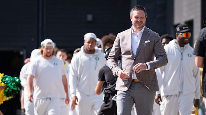 Oregon head coach Dan Lanning leads his team during the entry walk as the Oregon Ducks host the Montana State Bobcats on Aug. 30, 2025, at Autzen Stadium in Eugene, Oregon.