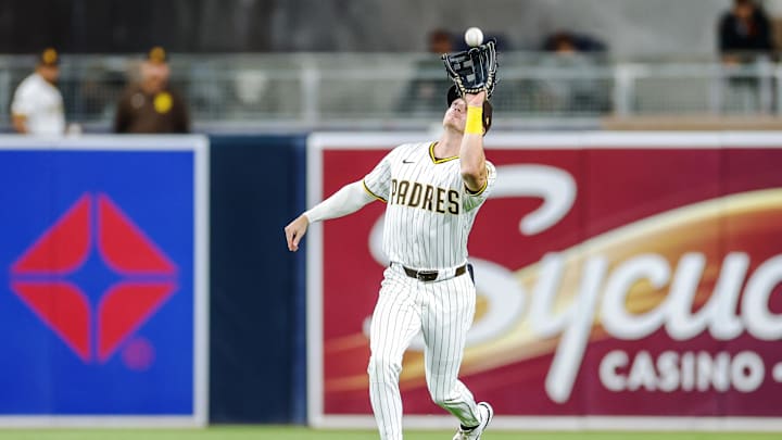Aug 18, 2025; San Diego, California, USA; San Diego Padres center fielder Bryce Johnson (29) makes a catch for an out during the seventh inning against the San Francisco Giants at Petco Park. Mandatory Credit: David Frerker-Imagn Images Aug 18, 2025; San Diego, California, USA; San Diego Padres center fielder Bryce Johnson (29) makes a catch for an out during the seventh inning against the San Francisco Giants at Petco Park. Mandatory Credit: David Frerker-Imagn Images