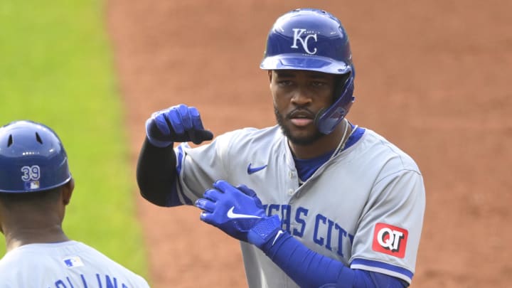 Jun 4, 2024; Cleveland, Ohio, USA; Kansas City Royals third baseman Maikel Garcia (11) celebrates his single in the third inning against the Cleveland Guardians at Progressive Field. Mandatory Credit: David Richard-USA TODAY Sports