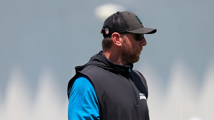 Jacksonville Jaguars head coach Liam Coen looks on during an NFL training camp session at the Miller Electric Center, Friday Aug. 15, 2025 in Jacksonville, Fla. [Corey Perrine/Florida Times-Union]