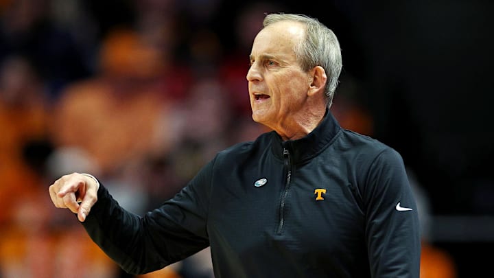 Mar 20, 2025; Lexington, KY, USA; Tennessee Volunteers head coach Rick Barnes reacts during the second half against the Wofford Terriers in the first round of the NCAA Tournament at Rupp Arena. Mandatory Credit: Jordan Prather-Imagn Images