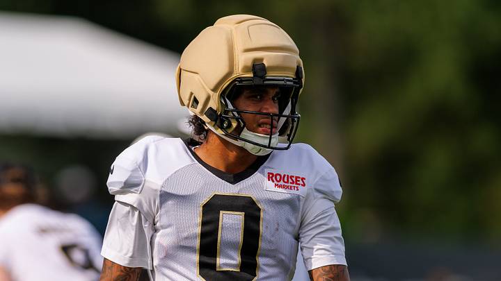 New Orleans Saints wide receiver Jordyn Tyson (0) during training camp at Ochsner Sports Performance Center. New Orleans Saints wide receiver Jordyn Tyson (0) during training camp at Ochsner Sports Performance Center.