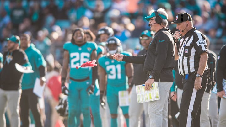 Dec 1, 2024; Jacksonville, Florida, USA; Jacksonville Jaguars head coach Doug Pederson throws the challenge flag in the fourth quarter against the Houston Texans at EverBank Stadium. Mandatory Credit: Jeremy Reper-Imagn Images Dec 1, 2024; Jacksonville, Florida, USA; Jacksonville Jaguars head coach Doug Pederson throws the challenge flag in the fourth quarter against the Houston Texans at EverBank Stadium. Mandatory Credit: Jeremy Reper-Imagn Images