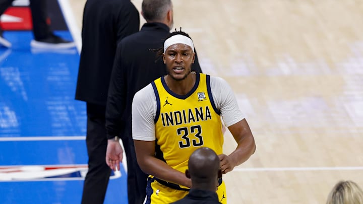 Jun 16, 2025; Oklahoma City, Oklahoma, USA; Indiana Pacers center Myles Turner (33) reacts during the third quarter against the Oklahoma City Thunder in game five of the 2025 NBA Finals at Paycom Center. Mandatory Credit: Alonzo Adams-Imagn Images