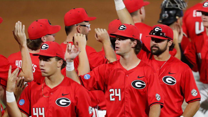 Georgia celebrates after winning a NCAA Athens Regional baseball game against UNCW in Athens, Ga., on Saturday, June 1, 2024. Georgia won 11-2. Georgia celebrates after winning a NCAA Athens Regional baseball game against UNCW in Athens, Ga., on Saturday, June 1, 2024. Georgia won 11-2.