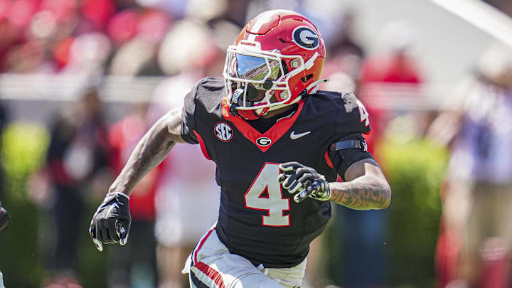 Apr 12, 2025; Athens, GA, USA; Georgia Bulldogs defensive back KJ Bolden (4) in action during the Georgia Spring game at Sanford Stadium. Mandatory Credit: Dale Zanine-Imagn Images