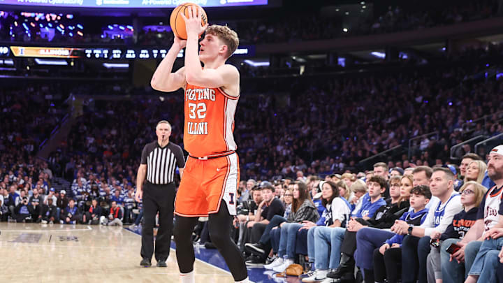 Feb 22, 2025; New York, NY, USA;  Illinois Fighting Illini guard Kasparas Jakucionis (32) at Madison Square Garden. Mandatory Credit: Wendell Cruz-Imagn Images