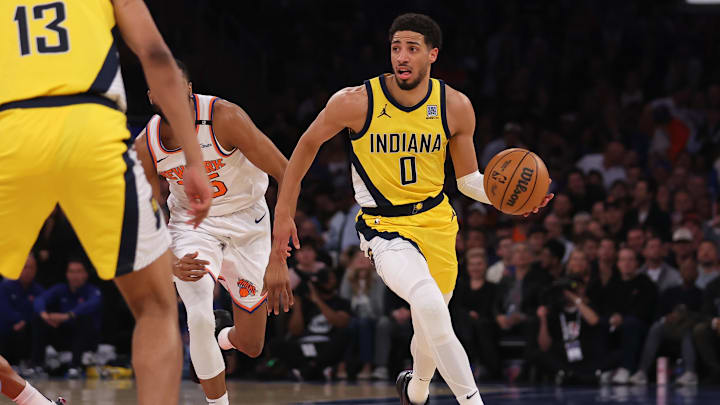 May 29, 2025; New York, New York, USA; Indiana Pacers guard Tyrese Haliburton (0) controls the ball in the first quarter against the New York Knicks during game five of the Eastern Conference Finals for the 2025 NBA Playoffs at Madison Square Garden. Mandatory Credit: Brad Penner-Imagn Images