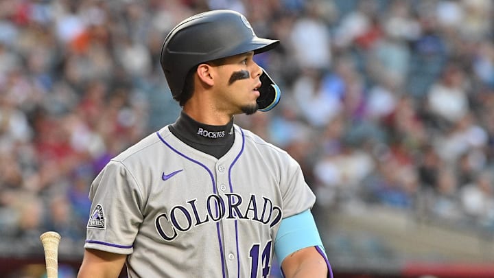 May 16, 2025; Phoenix, Arizona, USA;  Colorado Rockies shortstop Ezequiel Tovar (14) reacts after striking out in the first inning against the Arizona Diamondbacks at Chase Field. Mandatory Credit: Matt Kartozian-Imagn Images