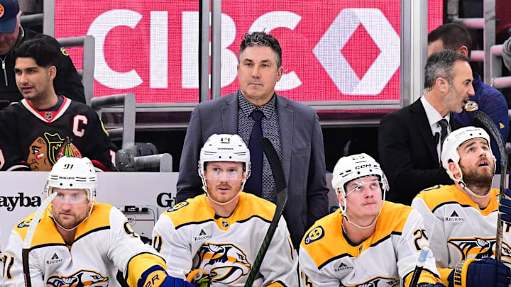 Feb 7, 2025; Chicago, Illinois, USA; Nashville Predators head coach Andrew Brunette looks on against the Chicago Blackhawks during the first period at the United Center. Mandatory Credit: Daniel Bartel-Imagn Images
