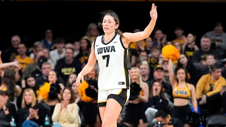 Iowa guard Addie Deal (7) celebrates after making a 3-pointer against the Penn State Nittany Lions Dec. 28, 2025 at Carver-Hawkeye Arena in Iowa City, Iowa. Iowa guard Addie Deal (7) celebrates after making a 3-pointer against the Penn State Nittany Lions Dec. 28, 2025 at Carver-Hawkeye Arena in Iowa City, Iowa.
