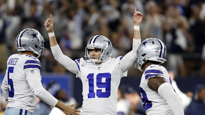 Sep 18, 2022; Arlington, Texas, USA;  Dallas Cowboys place kicker Brett Maher (19) and punter Bryan